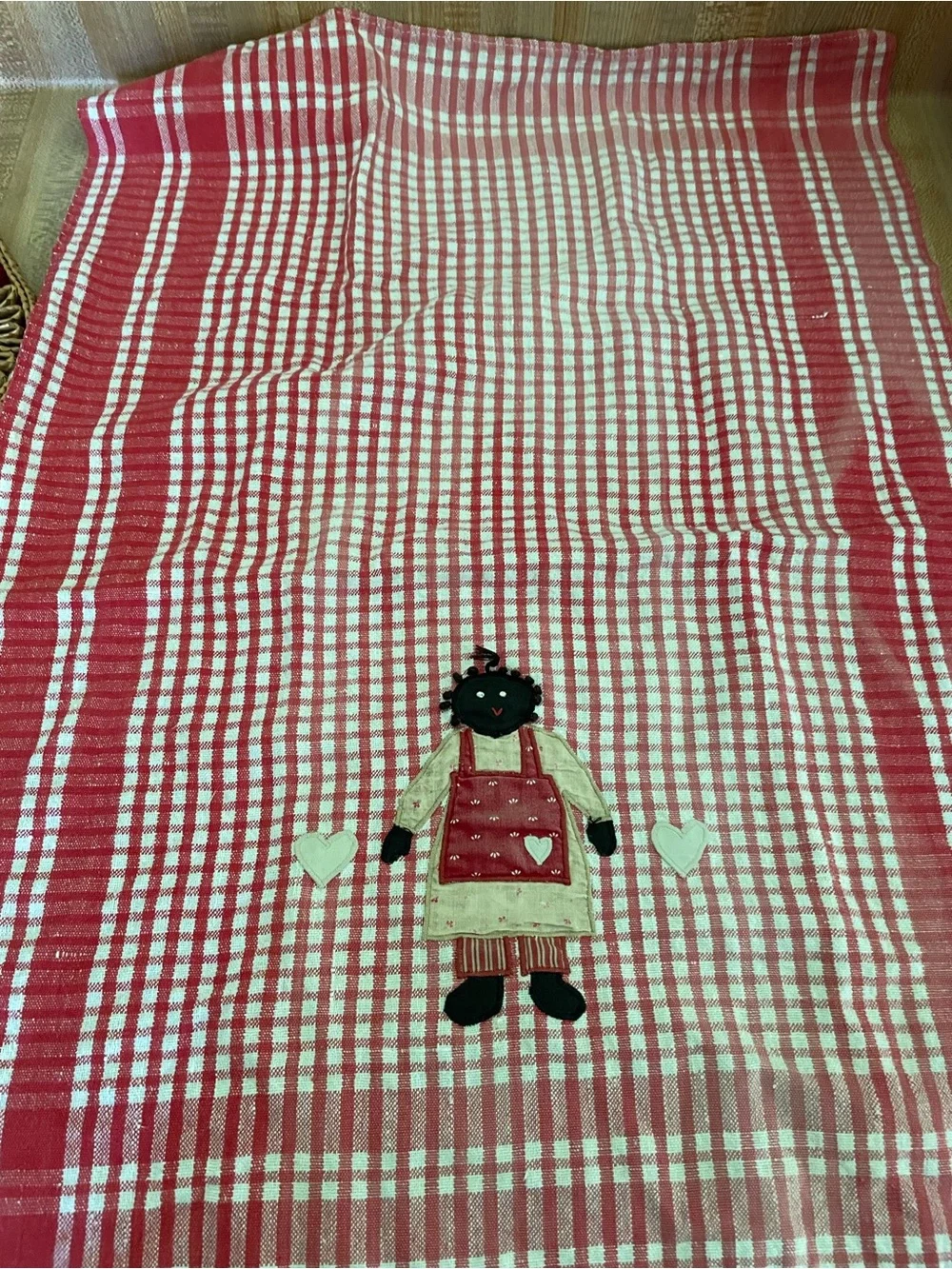 Vintage Red and White Plaid Kitchen Towel with Doll Appliqué